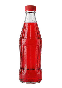 Glass bottle of red soda with condensation isolated