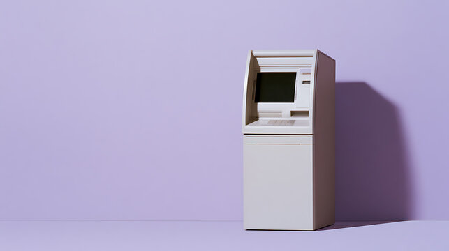 Modern ATM machine standing isolated against a solid pastel purple wall background, financial concept design for business and banking use