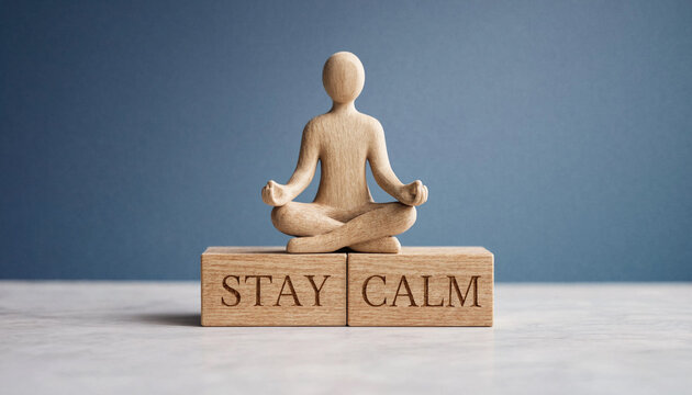 Wooden figurine meditating on two blocks with the text stay calm