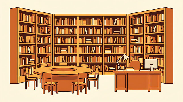 An inviting library interior with filled bookshelves, round table, and individual desk