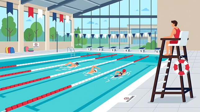 Athletes Competing in Lanes at an Indoor School Swimming Pool Facility