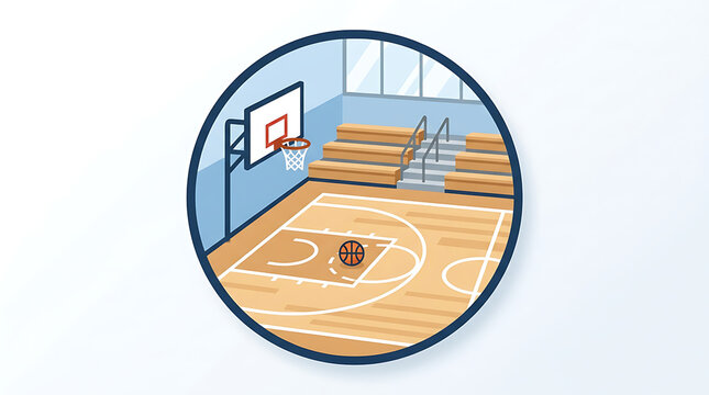 Basketball court with hoop and bleachers in a sports gymnasium, ready for a game.