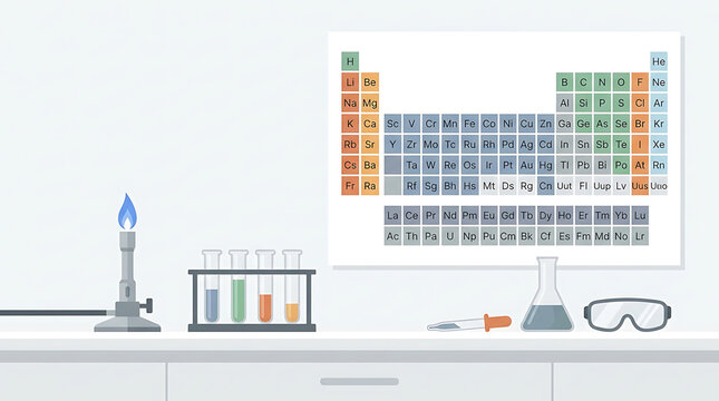 Chemistry Laboratory Setup with Periodic Table and Scientific Equipment