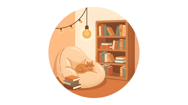 Cozy reading nook with a cat on a beanbag and a bookshelf filled with books, evoking warmth and relaxation.