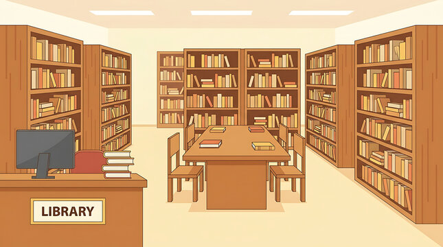 Cozy School Library Interior with Bookshelves, Tables, and Chairs for Study and Reading