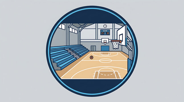 Empty gymnasium with basketball court and bleachers, ready for a game