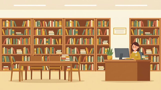 Illustrative interior of a cozy, well-stocked library with bookshelves, tables, and a computer setup