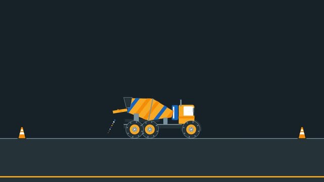 Animated Cement Mixer Truck Driving Along a Road