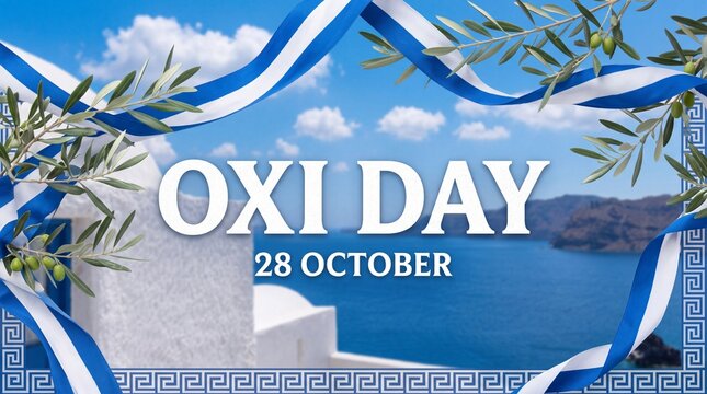 Oxi day 28 october greeting card design with greek flag and olive branches