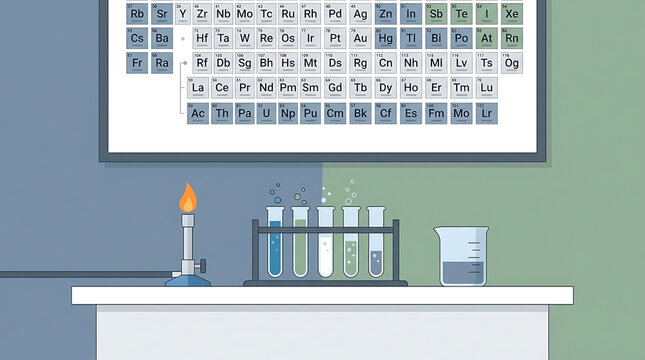 Scientific Laboratory Setup with Periodic Table, Bunsen Burner, Test Tubes and Beaker