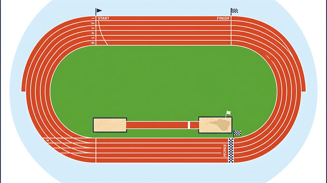 Top-down view of a vibrant athletics stadium track with running lanes, start and finish lines, and a green central field.