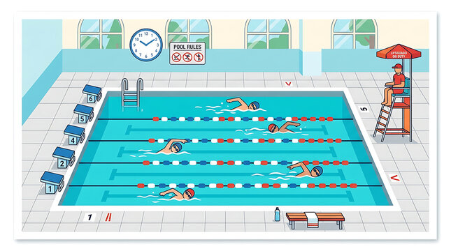 Swimmers Competing in Lanes at a Brightly Lit Indoor Swimming Pool with Clock and Rules