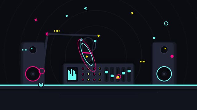 Neon Abstract Motion Graphic Animation of Radio Studio Equipment and Microphone