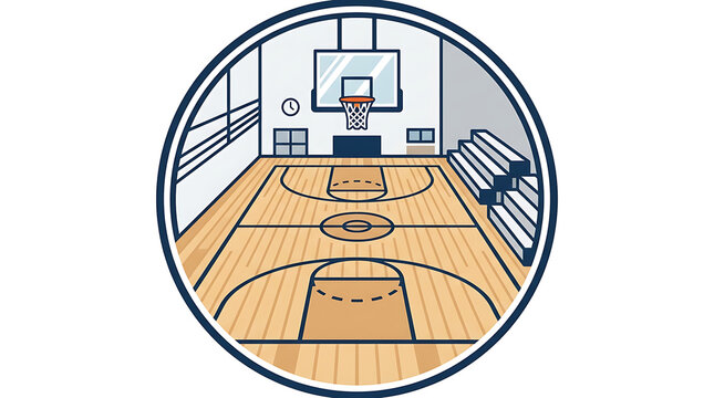 Vector illustration of a detailed basketball gymnasium court with bleachers and hoop
