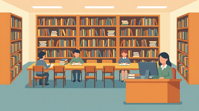 Students engaged in reading and study within a well-stocked school library interior