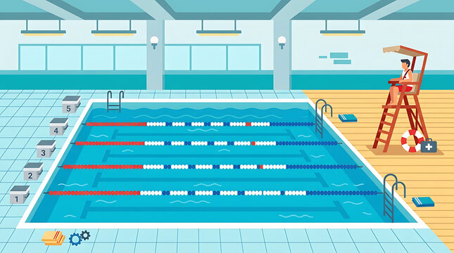 Vibrant indoor swimming pool with marked lanes and tiled flooring, ready for aquatic activities and training.