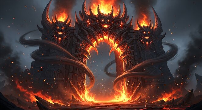Fiery Dragon Gate Dramatic Fantasy Scene of Hellish Portal with Flames.