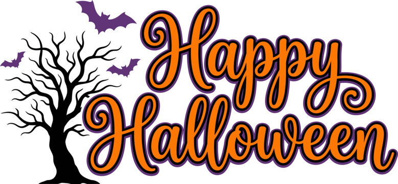 Festive happy halloween text with a spooky tree and flying bats illustration for celebrations