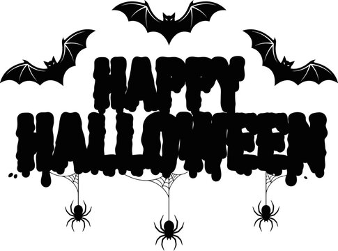 Happy halloween spooky text with bats and spiders on a white background illustration