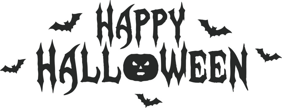 Hand lettered happy halloween typography featuring spooky bats and eerie glowing eyes illustration for seasonal designs