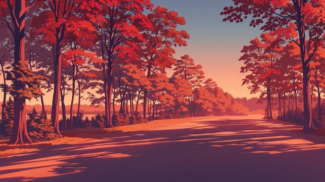 紅葉した木々と長い影が美しい秋の森の風景
