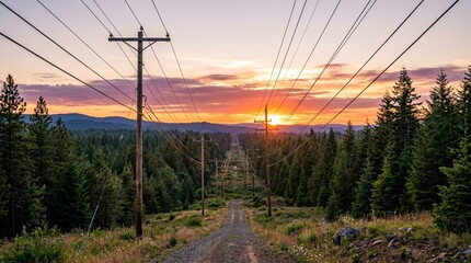 Obraz premium Power Lines Through Forest at Sunset - Scenic Landscape