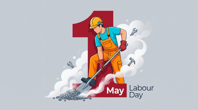 Labour Day celebration banner with worker illustration. May 1 International Workers Day graphic. Construction man with shovel and tools.