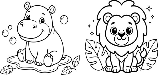 Obraz premium Cute cartoon hippo and lion coloring page for children featuring simple black and white animal line art