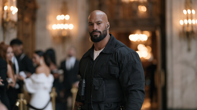 Broad-shouldered event security guard in an earpiece and black uniform standing at a candlelit venue entrance, a diverse team of colleagues checking guest lists at velvet rope,