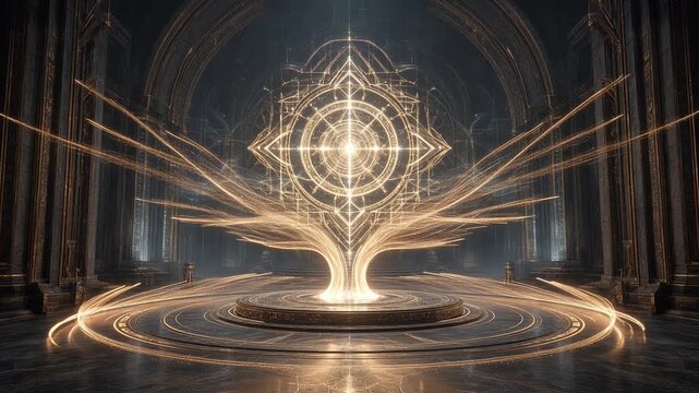 A captivating visual representation of cosmic energy flowing through sacred geometry, illuminating an ancient temple with a divine essence of light and power