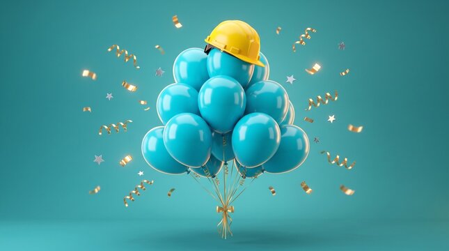 Construction celebration concept with blue balloons and yellow hard hat. Industrial success party with gold confetti. Engineering milestone event.