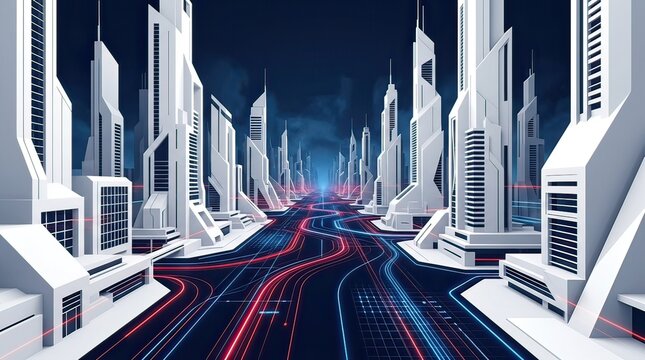 Futuristic Cityscape with Neon Light Trails on Wide Digital Avenue