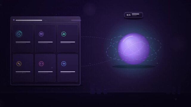 AI agent skill marketplace animation. Plugin modules install from app store grid into glowing assistant core with orbiting chips and progress rings for AI platform promo concept. Seamless loop motion 