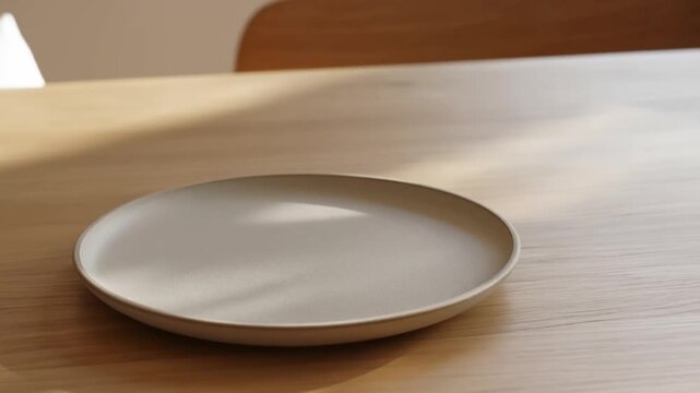 A single empty minimalist ceramic plate sitting on a light wooden table surface.