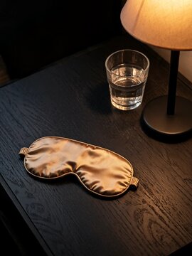 Silk Sleep Mask Folded On Bedside Table Beside Warm Dimmed Lamp And Glass Of Water For Night Routine
