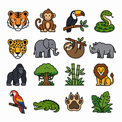 Naklejka premium Colorful cartoon animals and plants illustration set