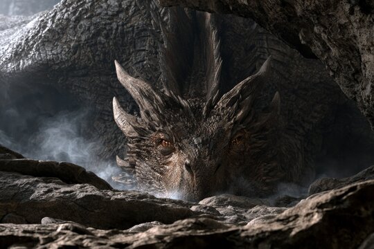Dragon head peeking from rocky cave entrance with smoke