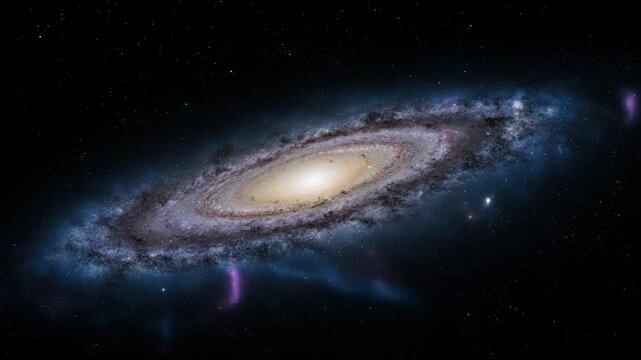 Andromeda rotating in deep space during cosmic nebula formation with stellar dust and light trails