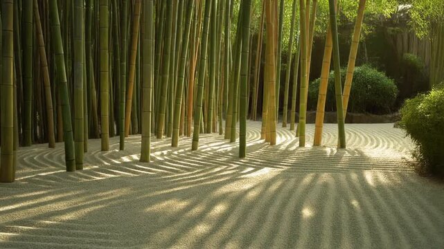 Sunlit Bamboo Grove with Long Shadows on the Ground in a Peaceful Forest Setting