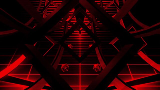 right red neon rails converge through a layered geometric tunnel with strong digital scanline distortion.