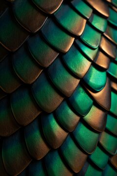Closeup of iridescent green and bronze scales, resembling dragon scales or beetle elytra, with a textured, metallic sheen