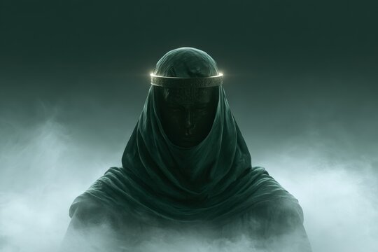 Mysterious hooded figure with glowing circlet in foggy dark setting