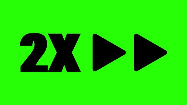 Animated 2x speed fast forward icon loop on a green background. with black text 2X speed play button animation. 4K video