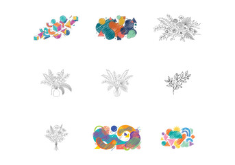 Naklejka premium Modern abstract geometric shapes vector collection combined with elegant botanical line art floral illustrations