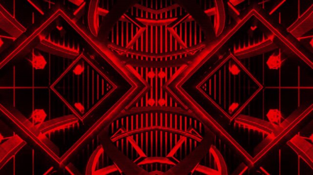 Complex symmetrical red neon geometry creates an immersive digitalized cyberpunk tunnel with glowing rails.