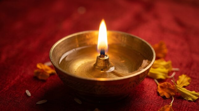 Warm Oil Lamp Flame Glowing Brightly Against Festive Red Background Traditional Spiritual Diya Ritual Symbolizing Light Hope And Prosperity lamp oil lamp flame diya light glow glowing festive red