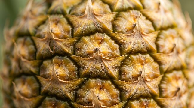 Detailed Close Up Texture of Fresh Pineapple Rind Extreme macro view highlighting the intricate geometric pattern and textured skin of a ripe tropical pineapple fruit. Excellent for healthy food
