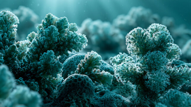 Turquoise coral reef underwater with sunbeams filtering through deep blue sea water macro close up
