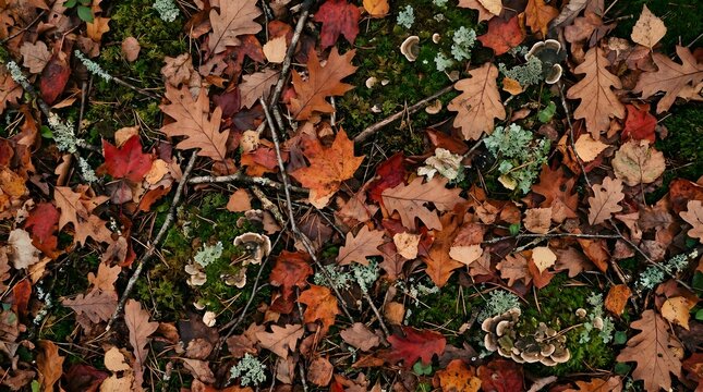 Autumn leaves and bracket fungi on forest floor with green moss and lichen