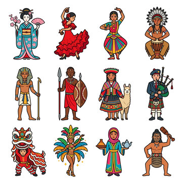 A collection of culture and traditional people wearing global costume and ethnic clothing representing diverse nations.